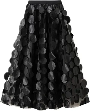 Cute 3D Polka Dots Midi Skirt for Women Elastic Waist Flowy Tulle A-Line Skirts Wedding Halloween Party Mesh Skirt
