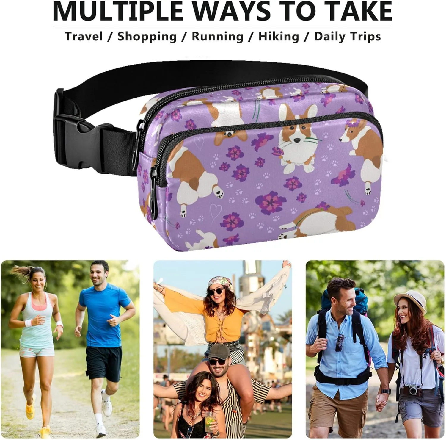Cute Corgi Purple Women Fanny Pack Waterproof Belt Bag Hip Pouch Cute Waist Bag for Women