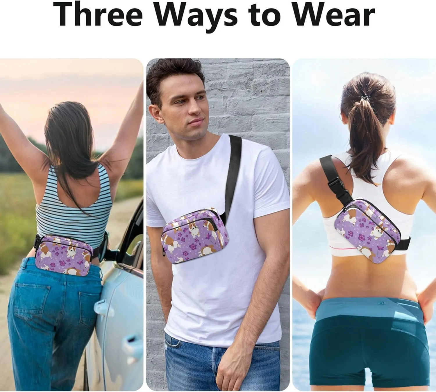 Cute Corgi Purple Women Fanny Pack Waterproof Belt Bag Hip Pouch Cute Waist Bag for Women