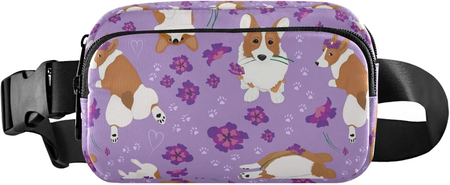 Cute Corgi Purple Women Fanny Pack Waterproof Belt Bag Hip Pouch Cute Waist Bag for Women