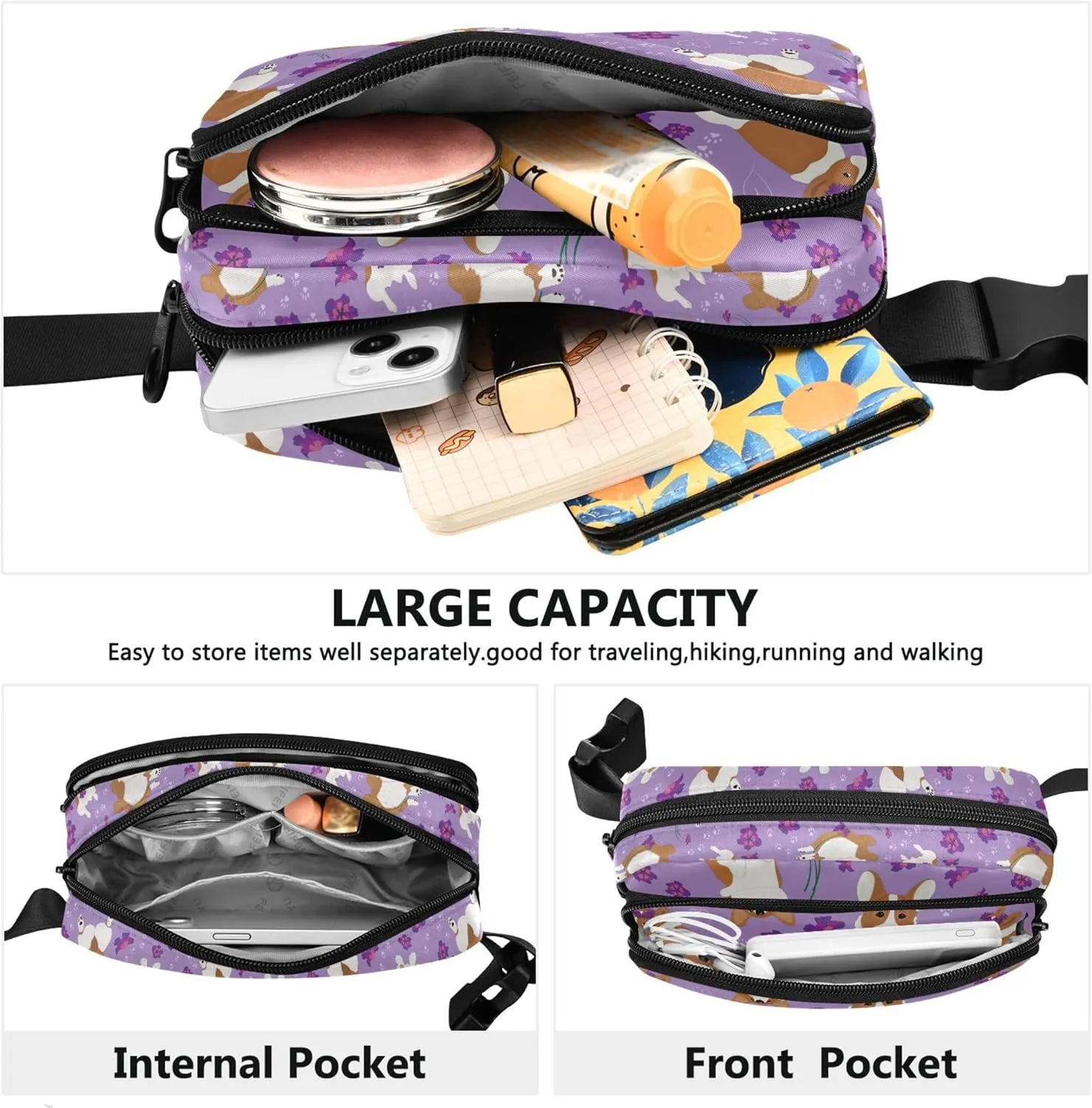 Cute Corgi Purple Women Fanny Pack Waterproof Belt Bag Hip Pouch Cute Waist Bag for Women
