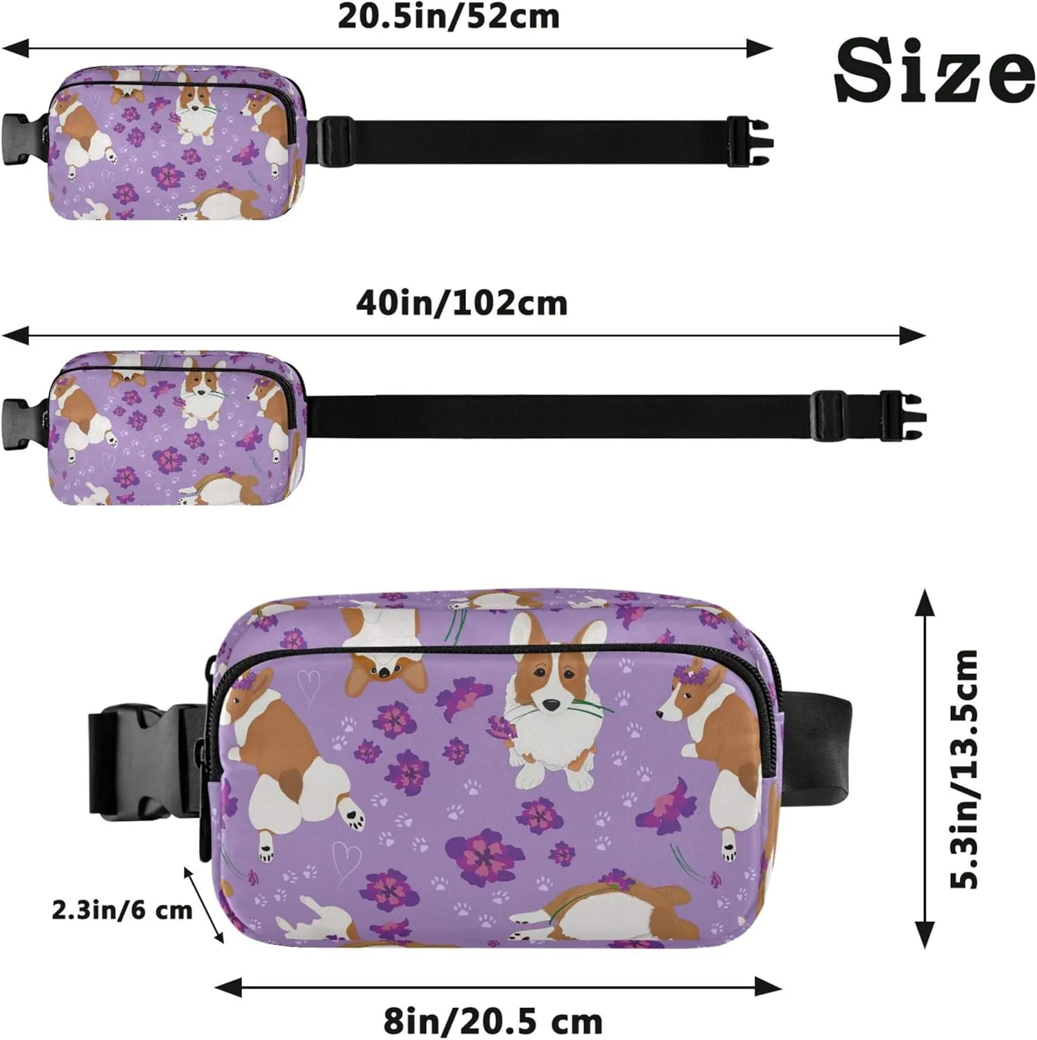 Cute Corgi Purple Women Fanny Pack Waterproof Belt Bag Hip Pouch Cute Waist Bag for Women