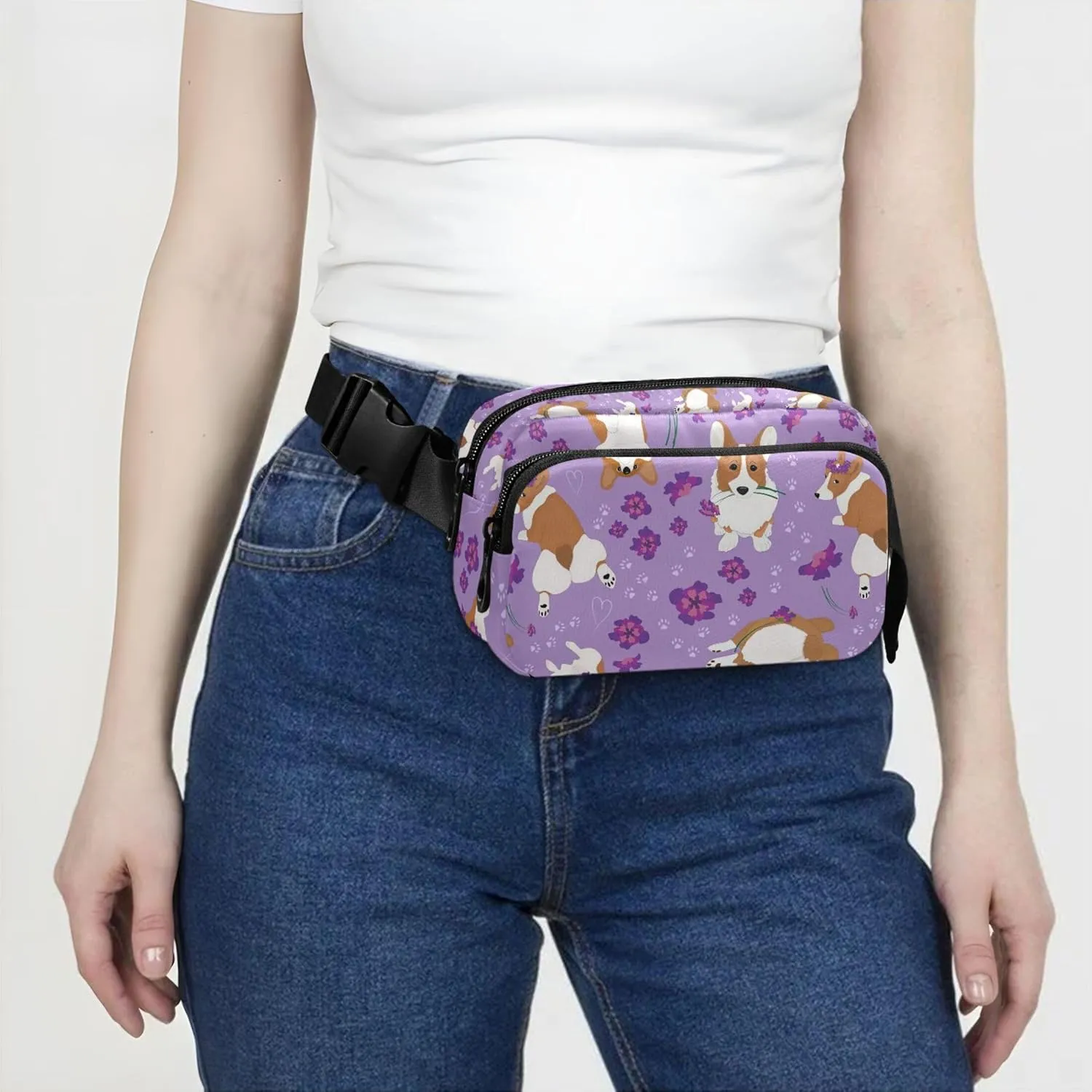 Cute Corgi Purple Women Fanny Pack Waterproof Belt Bag Hip Pouch Cute Waist Bag for Women