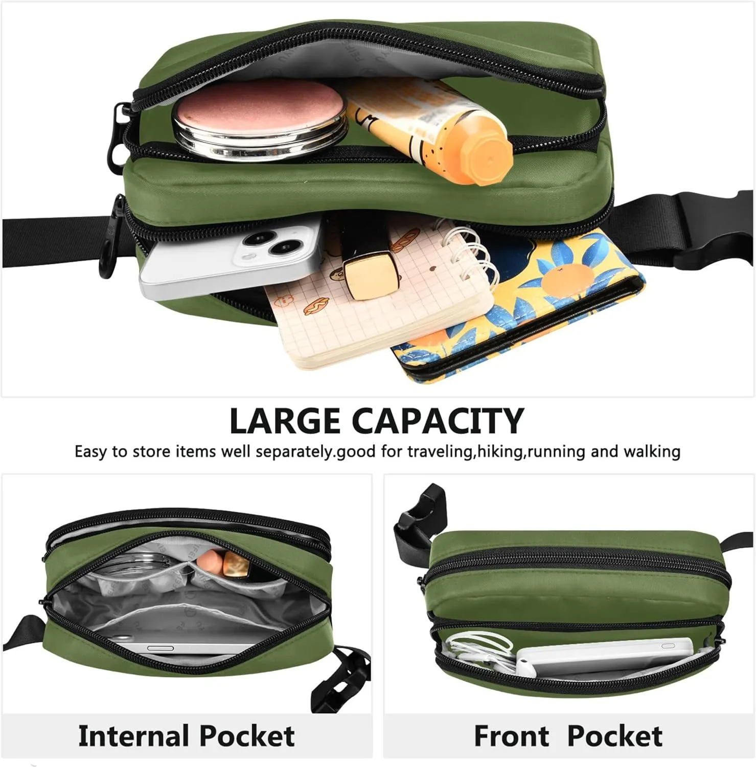Dark Olive Green Women Fanny Packs Waterproof Belt Bag Hip Pack Cartoon Travel Waist Pouch