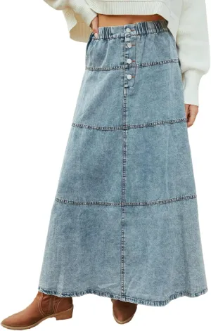 Denim Skirt for Women High Waisted Button Tiered A Line Long Denim Flare Skirts Boho Patchwork Midi Jean Skirt
