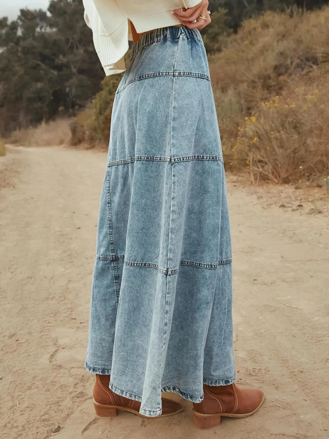 Denim Skirt for Women High Waisted Button Tiered A Line Long Denim Flare Skirts Boho Patchwork Midi Jean Skirt