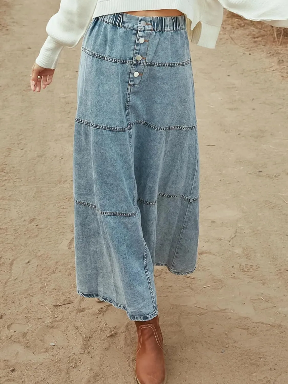 Denim Skirt for Women High Waisted Button Tiered A Line Long Denim Flare Skirts Boho Patchwork Midi Jean Skirt