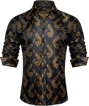 DiBanGu Mens Shirt, Paisley Floral Dress Shirt Long Sleeve with Collar Pin Brooch