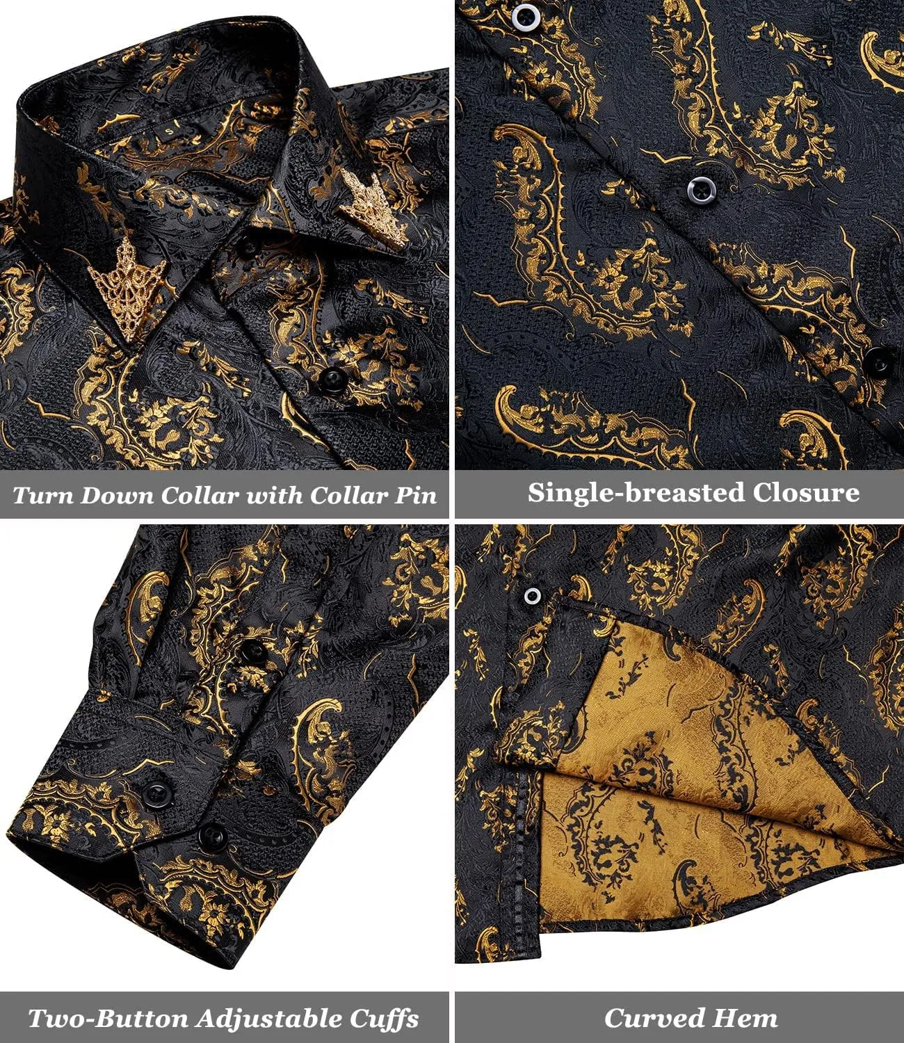 DiBanGu Mens Shirt, Paisley Floral Dress Shirt Long Sleeve with Collar Pin Brooch