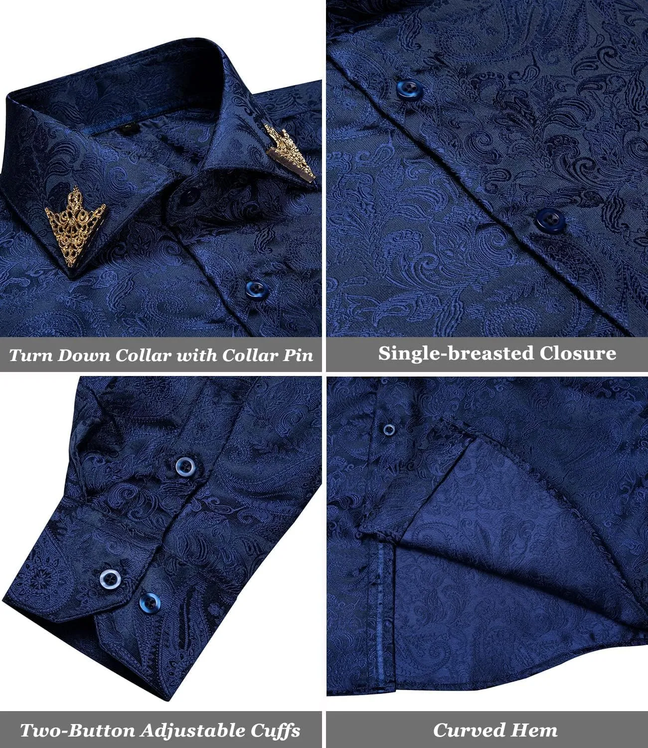 DiBanGu Mens Shirt, Paisley Floral Dress Shirt Long Sleeve with Collar Pin Brooch