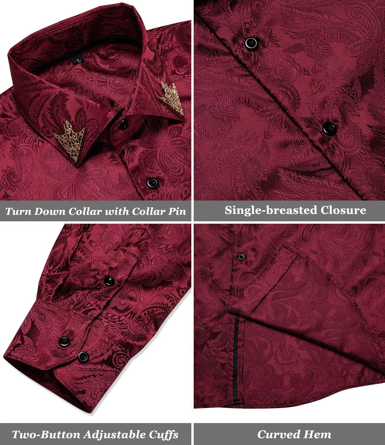 DiBanGu Mens Shirt, Paisley Floral Dress Shirt Long Sleeve with Collar Pin Brooch