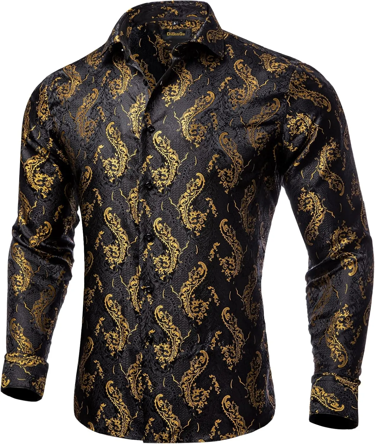 DiBanGu Mens Shirt, Paisley Floral Dress Shirt Long Sleeve with Collar Pin Brooch