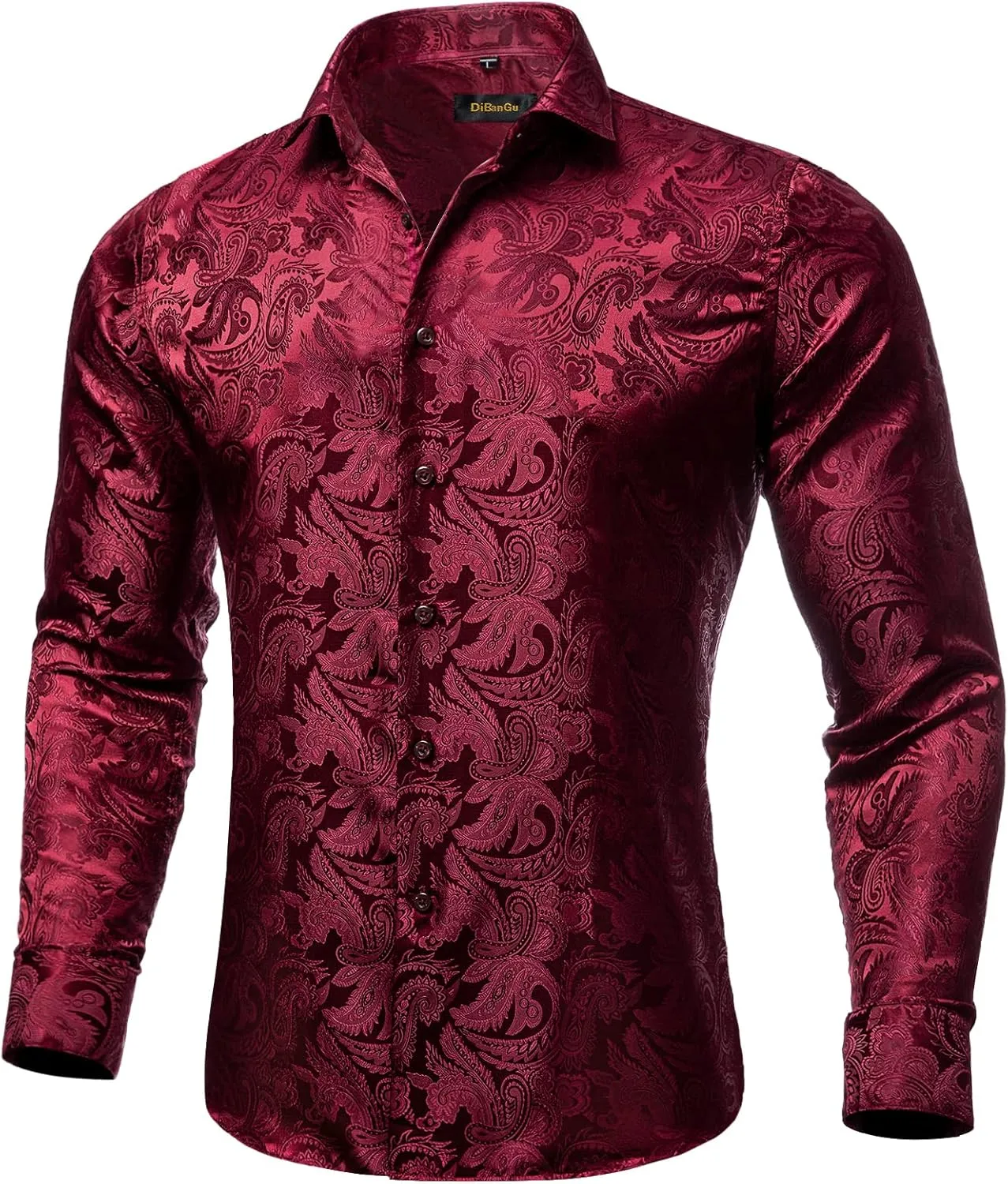 DiBanGu Mens Shirt, Paisley Floral Dress Shirt Long Sleeve with Collar Pin Brooch