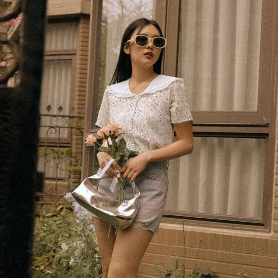 Ditsy Floral Print Chiffon Ruffle Collar Shirt Top