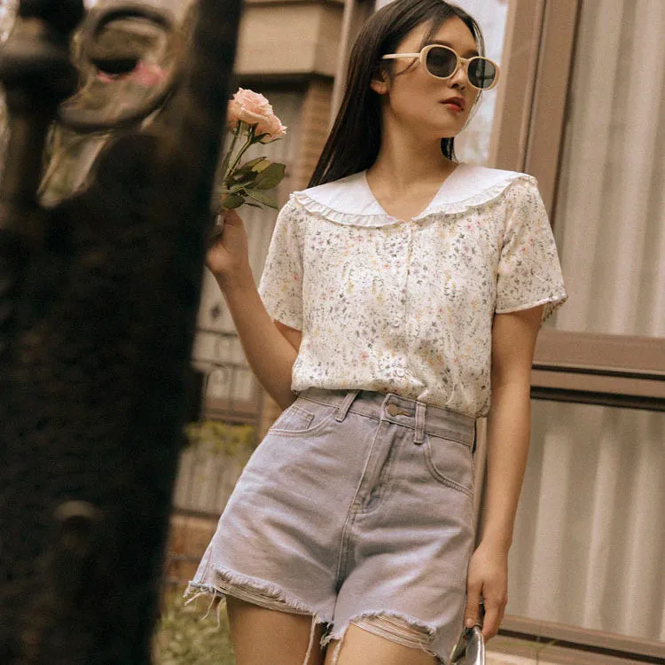 Ditsy Floral Print Chiffon Ruffle Collar Shirt Top