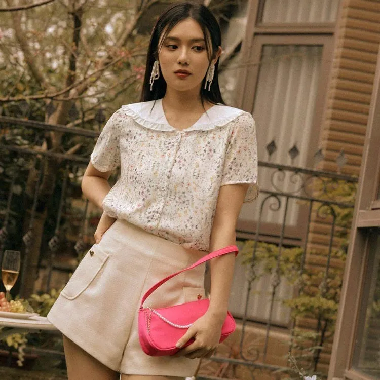 Ditsy Floral Print Chiffon Ruffle Collar Shirt Top