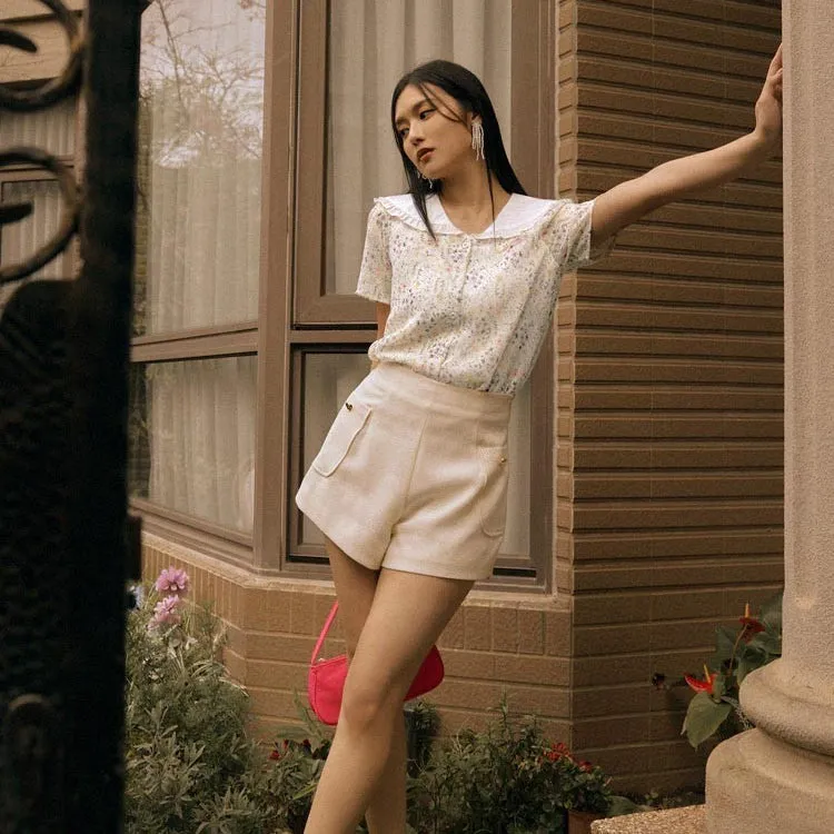 Ditsy Floral Print Chiffon Ruffle Collar Shirt Top