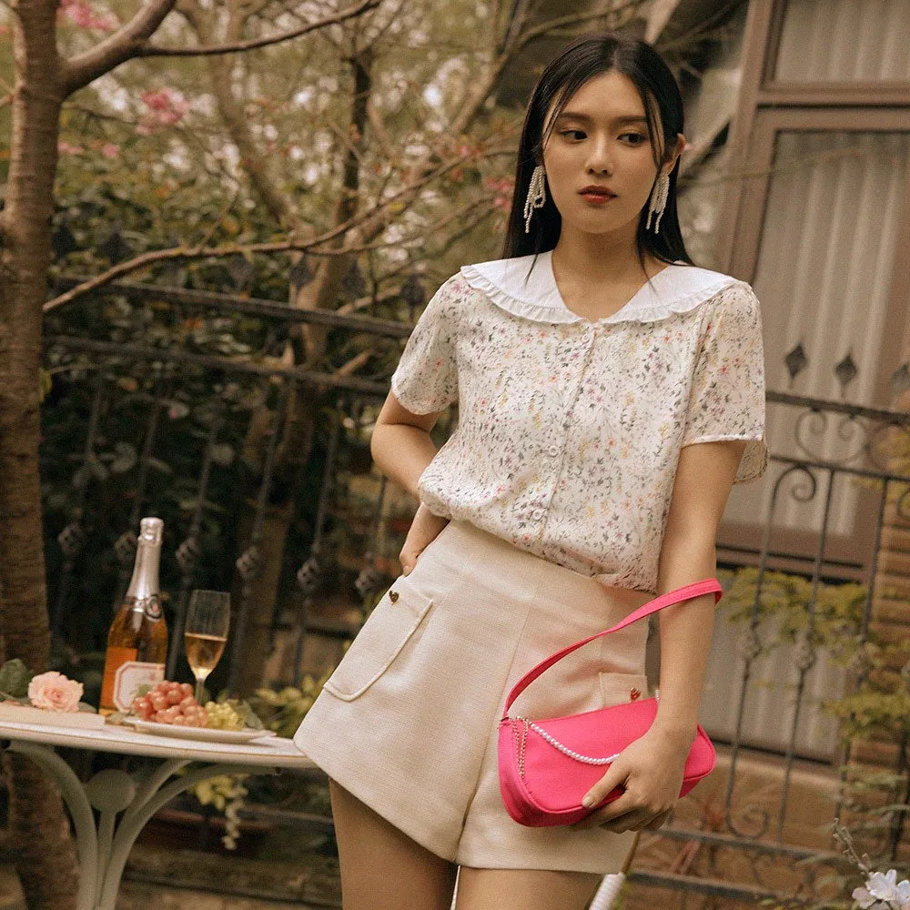 Ditsy Floral Print Chiffon Ruffle Collar Shirt Top