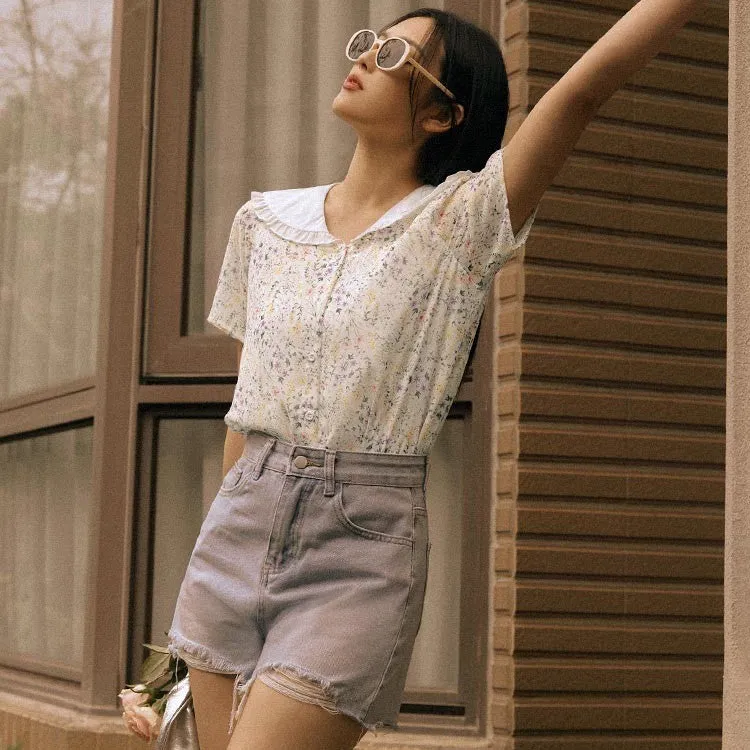 Ditsy Floral Print Chiffon Ruffle Collar Shirt Top