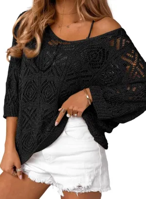 Dokotoo Women's 2025 Spring Summer Crochet Hollow Out 3/4 Sleeve Pullover Sweater Off Shoulder T-Shirts
