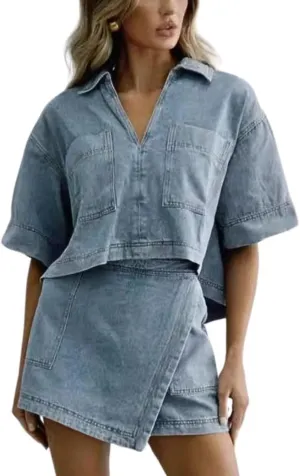 ELFTOWN Women's Denim Outfits Sets 2 Piece V Neck Short Sleeve Tunic Top Pullover High Waisted Jean Skorts Skirts Set