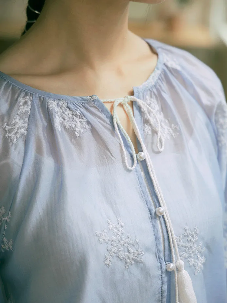 Embroidered Tassel Pearl Button Shirt Top