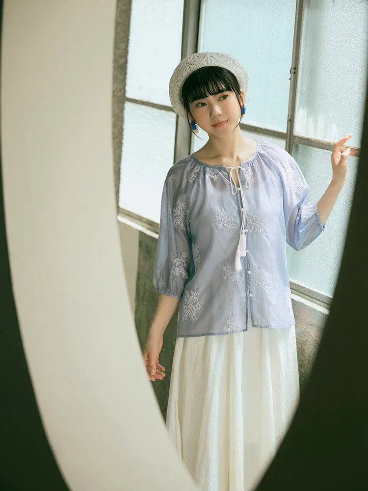 Embroidered Tassel Pearl Button Shirt Top