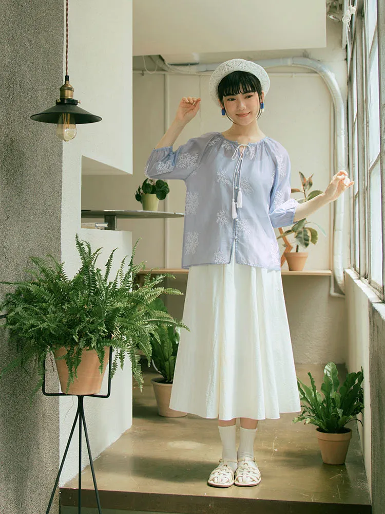 Embroidered Tassel Pearl Button Shirt Top