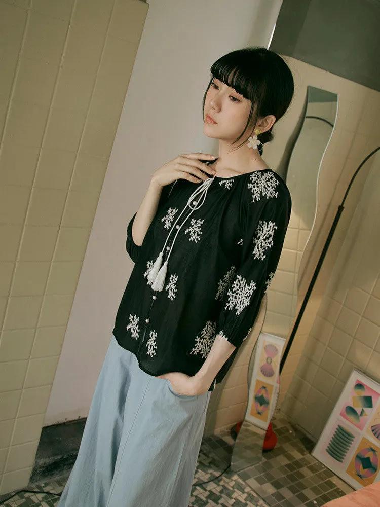 Embroidered Tassel Pearl Button Shirt Top