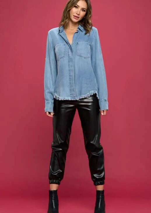 Favorite Denim Washed Shirt with Fringe Hem Made in USA