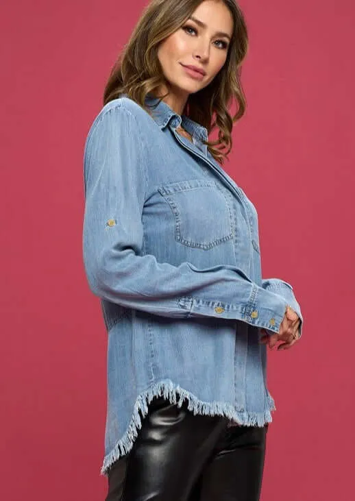 Favorite Denim Washed Shirt with Fringe Hem Made in USA