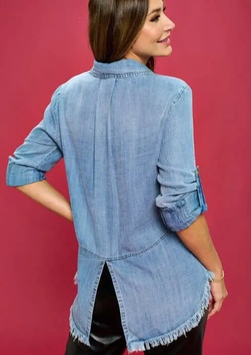 Favorite Denim Washed Shirt with Fringe Hem Made in USA