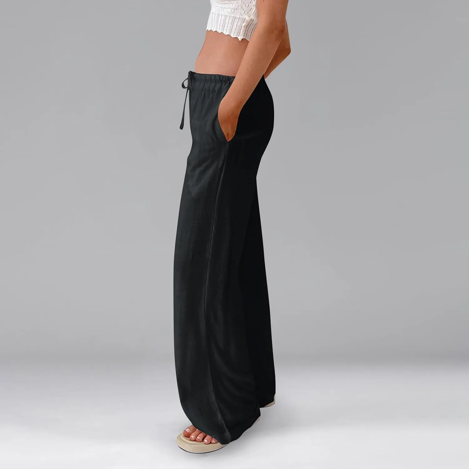 Flowy Wide Leg Pants Woman Baggy Drawstring Elastic Waist Gaucho Pants Lightweight Summer Boho Gauze Cover Up Pants