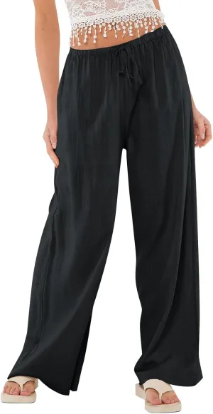 Flowy Wide Leg Pants Woman Baggy Drawstring Elastic Waist Gaucho Pants Lightweight Summer Boho Gauze Cover Up Pants