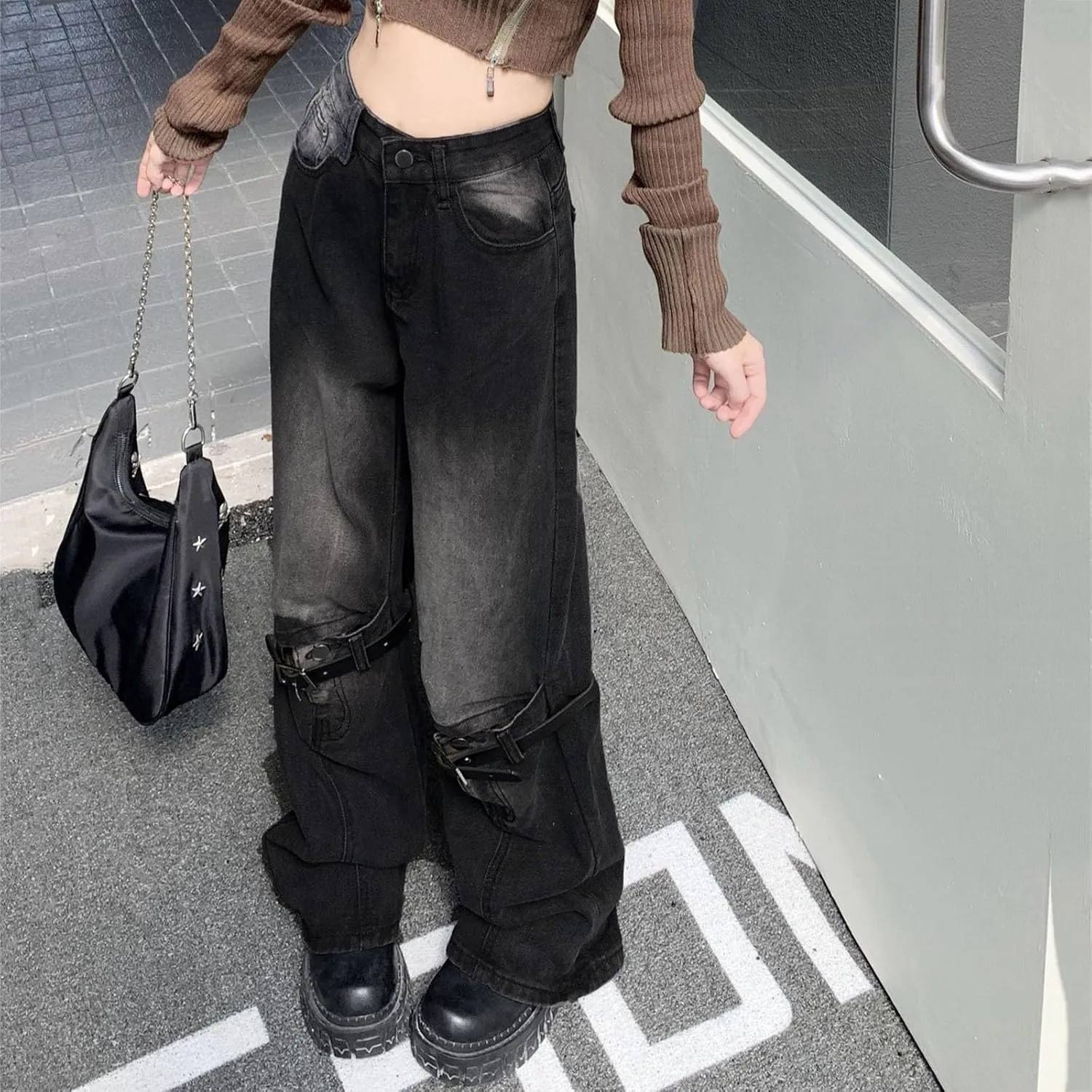 FZVYD Cute Jeans for Women Star Patchwork Pants High Waisted Straight Leg Baggy Jean Casual Baggy 2024 Trendy Streetwear