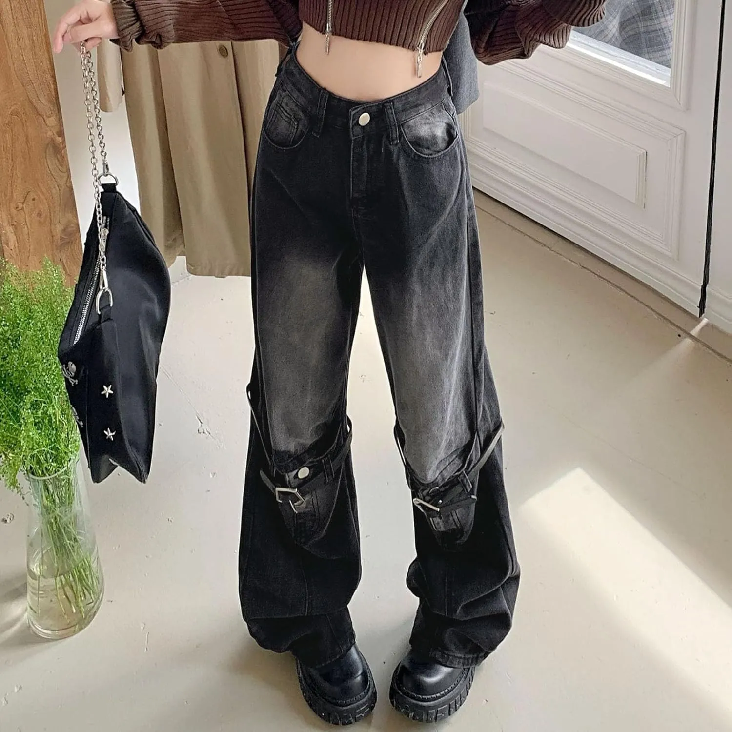 FZVYD Cute Jeans for Women Star Patchwork Pants High Waisted Straight Leg Baggy Jean Casual Baggy 2024 Trendy Streetwear
