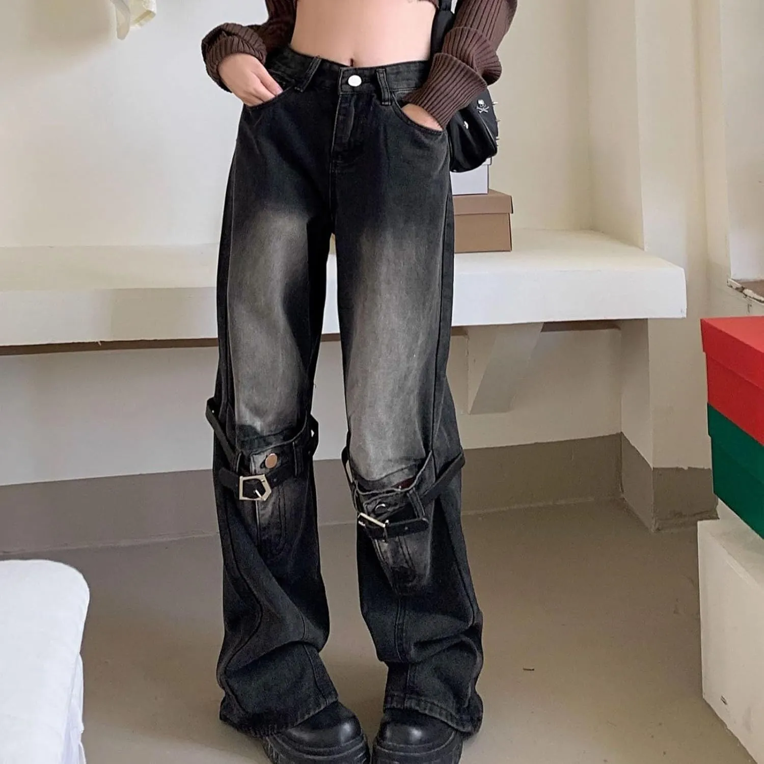 FZVYD Cute Jeans for Women Star Patchwork Pants High Waisted Straight Leg Baggy Jean Casual Baggy 2024 Trendy Streetwear