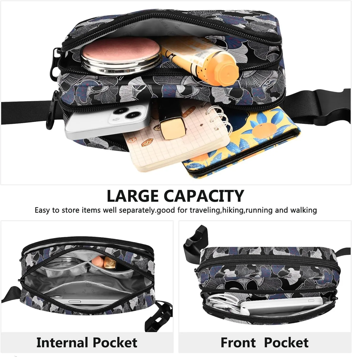 Gingko Leaves Black Grey Fanny Packs Women Waterproof Hip Bag Belt Pouch Cute Waist Pouch for Women