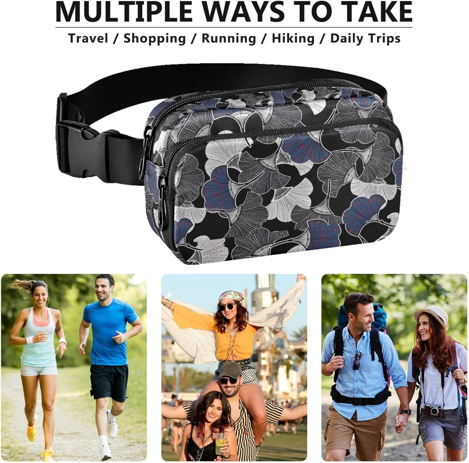 Gingko Leaves Black Grey Fanny Packs Women Waterproof Hip Bag Belt Pouch Cute Waist Pouch for Women