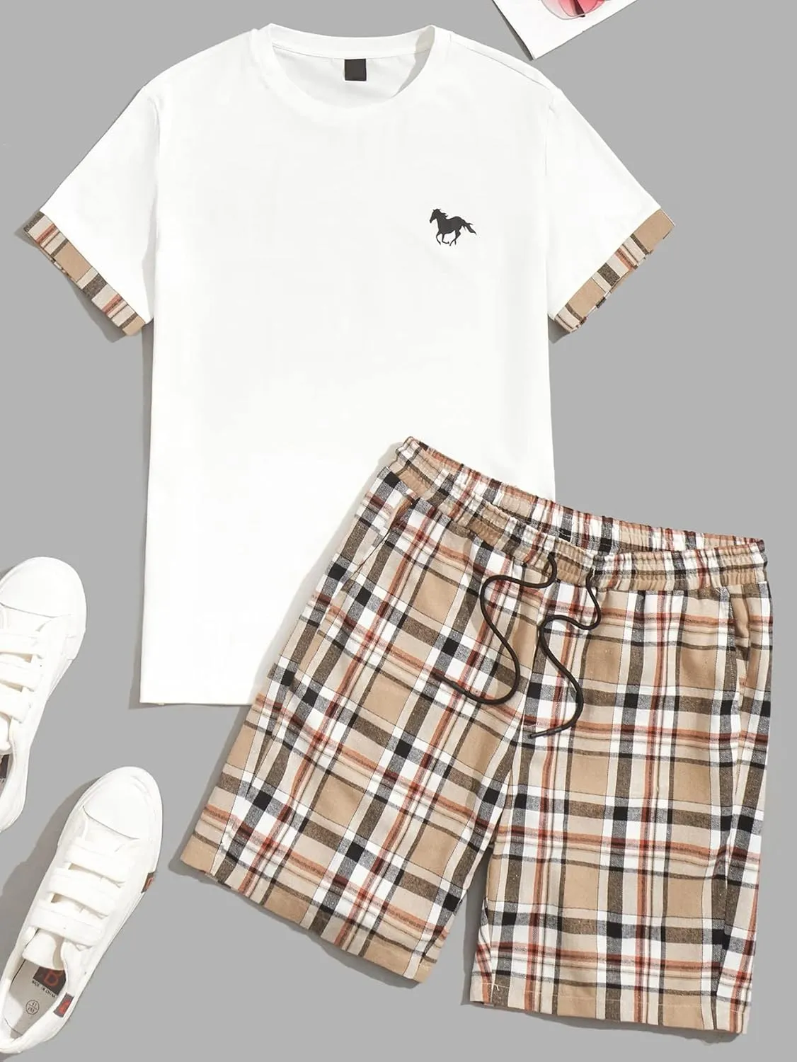 GORGLITTER Men's Plaid Print Casual Short Sleeve T Shirts and Shorts Tracksuit Set