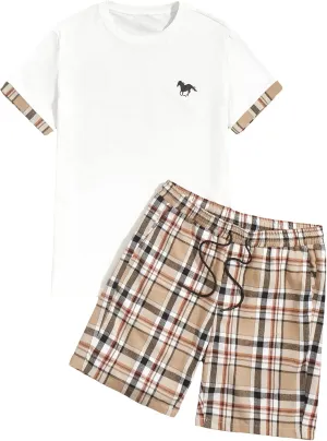 GORGLITTER Men's Plaid Print Casual Short Sleeve T Shirts and Shorts Tracksuit Set