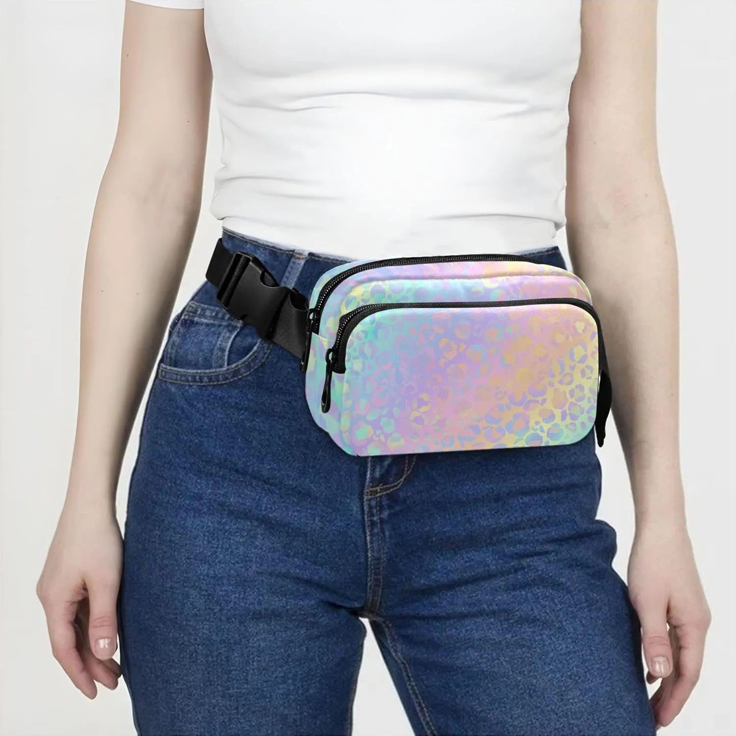 Holographic Leopard Print Fanny Pack for Women Waterproof Hip Pack Belt Pouch Cute Crossbody Waist Bag