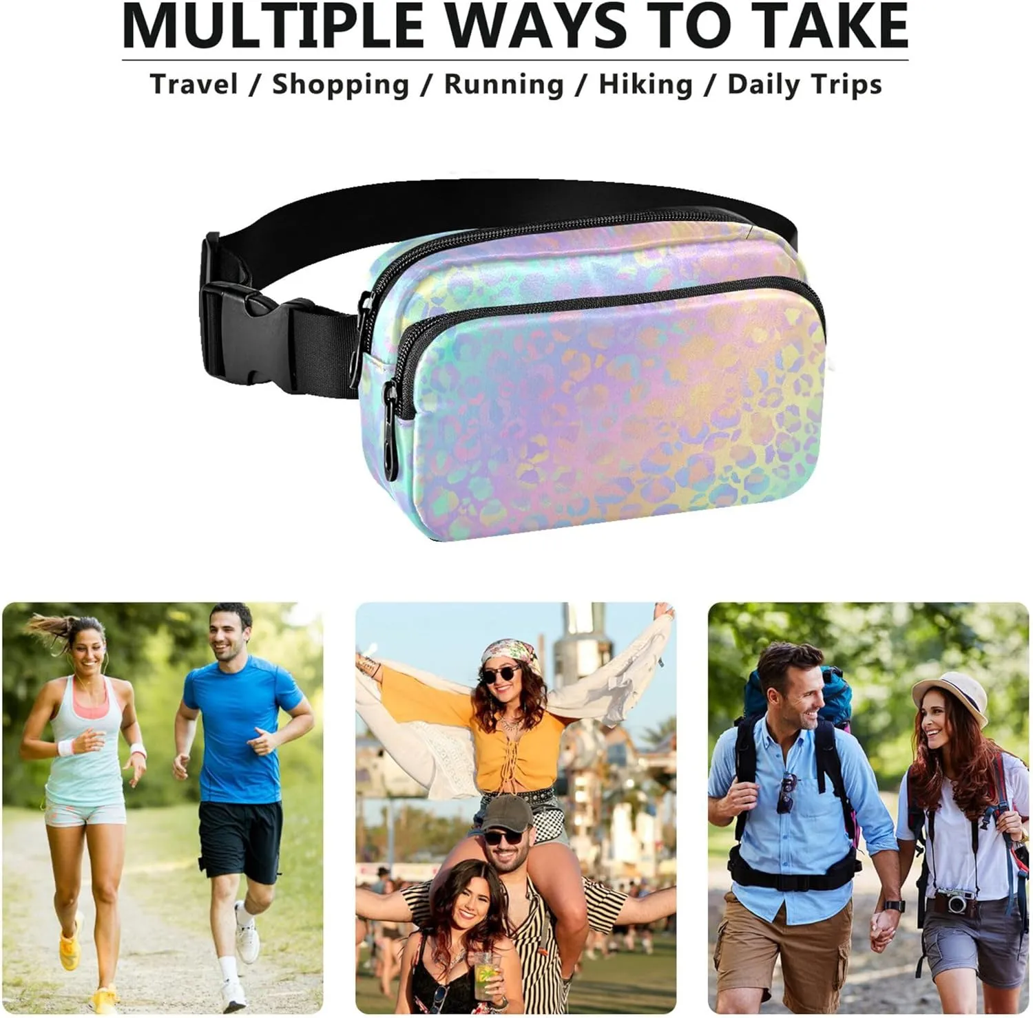 Holographic Leopard Print Fanny Pack for Women Waterproof Hip Pack Belt Pouch Cute Crossbody Waist Bag