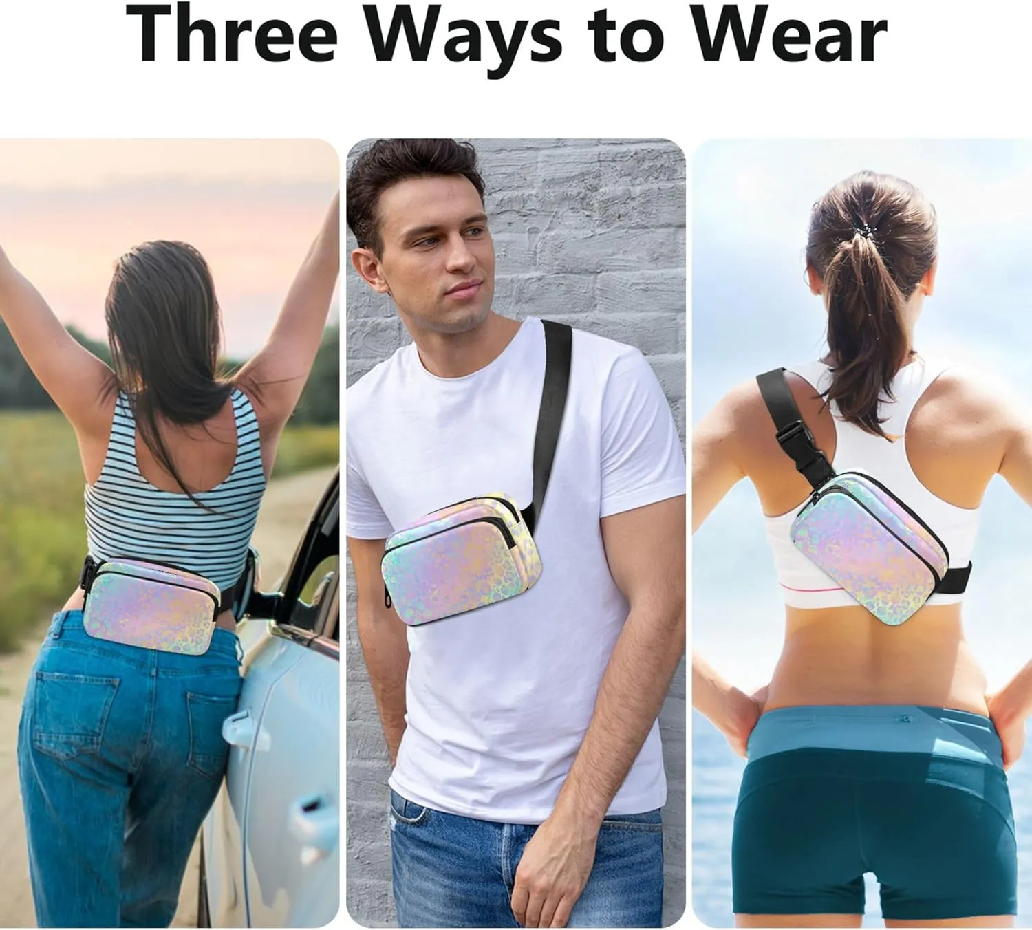 Holographic Leopard Print Fanny Pack for Women Waterproof Hip Pack Belt Pouch Cute Crossbody Waist Bag