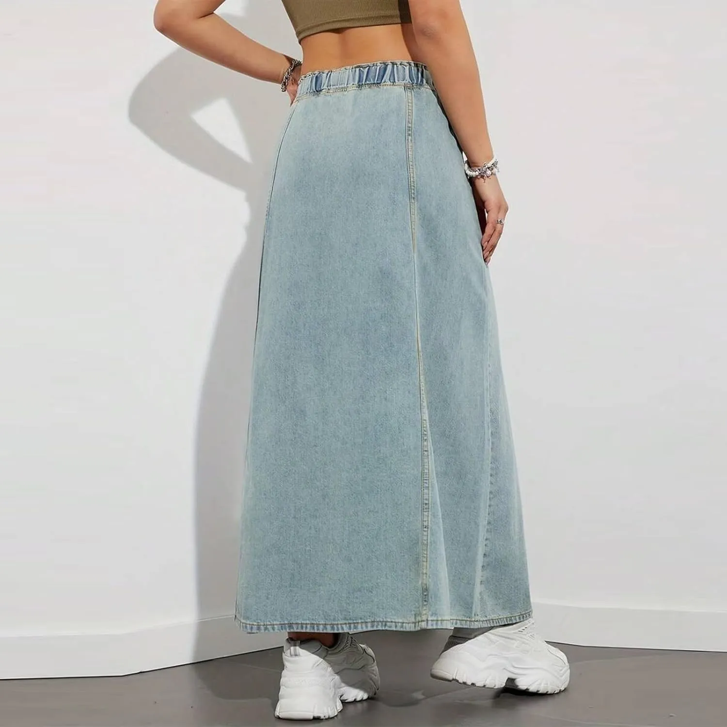 IMISSILLEB Women Plus Size Long Denim Skirts Drawstring Waist A-Line Maxi Jean Skirt with Pockets Streetwear