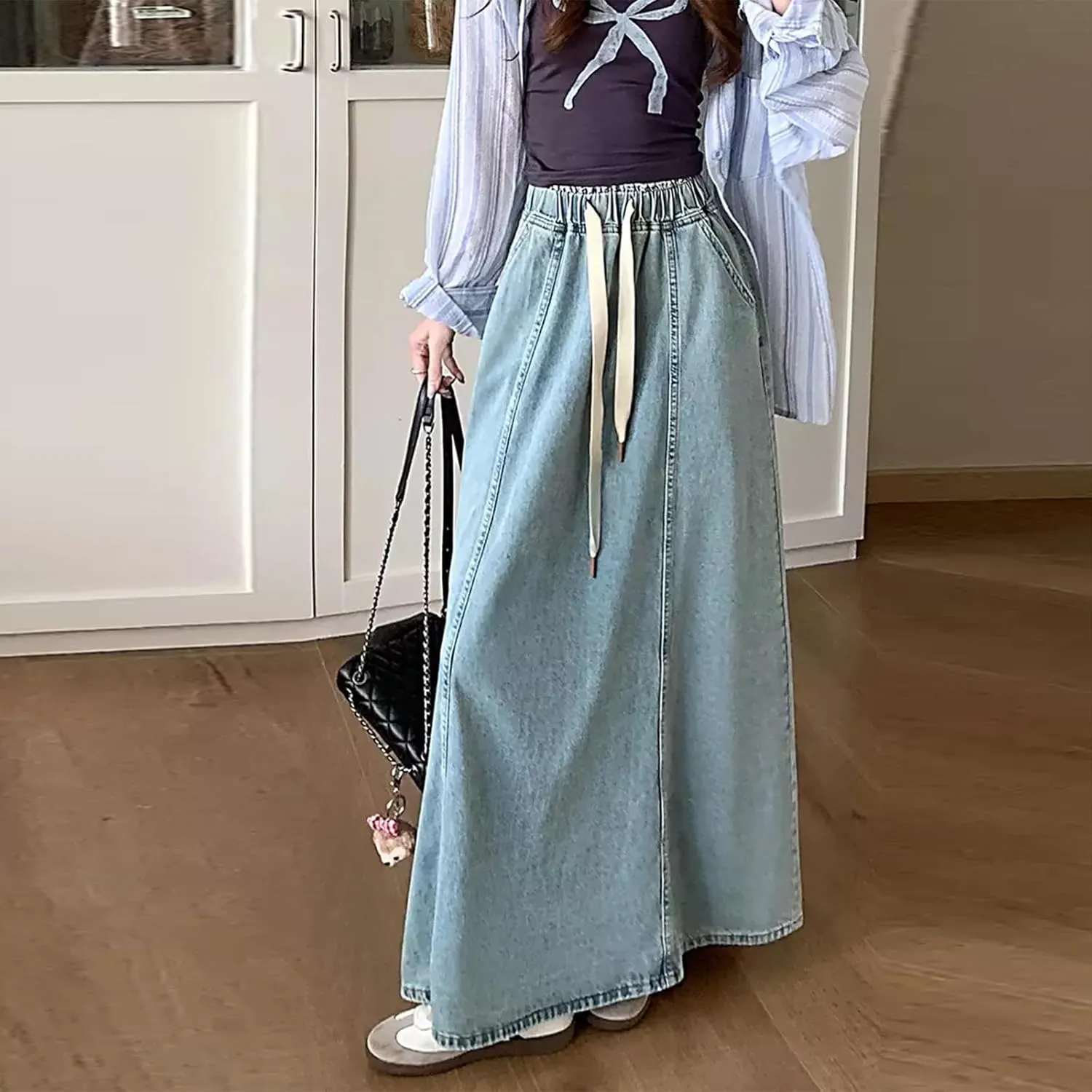 IMISSILLEB Women Plus Size Long Denim Skirts Drawstring Waist A-Line Maxi Jean Skirt with Pockets Streetwear