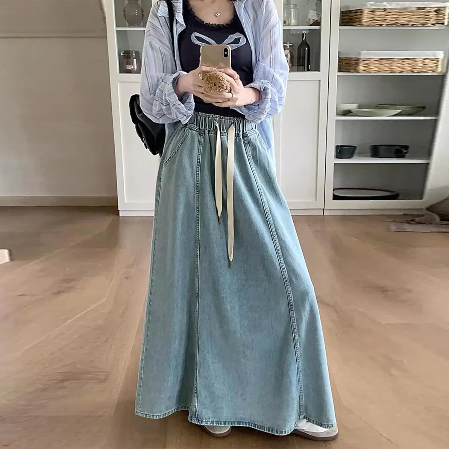 IMISSILLEB Women Plus Size Long Denim Skirts Drawstring Waist A-Line Maxi Jean Skirt with Pockets Streetwear