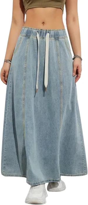 IMISSILLEB Women Plus Size Long Denim Skirts Drawstring Waist A-Line Maxi Jean Skirt with Pockets Streetwear