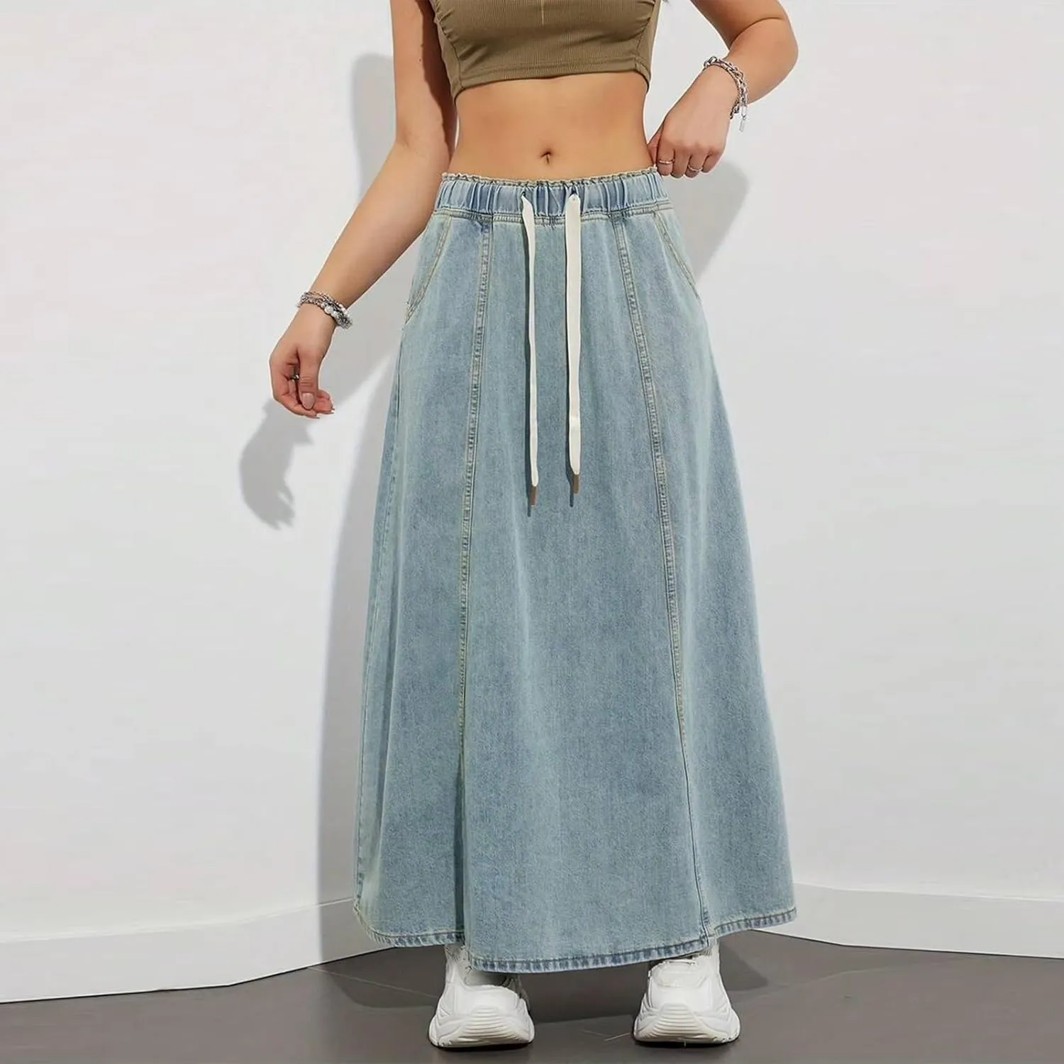 IMISSILLEB Women Plus Size Long Denim Skirts Drawstring Waist A-Line Maxi Jean Skirt with Pockets Streetwear