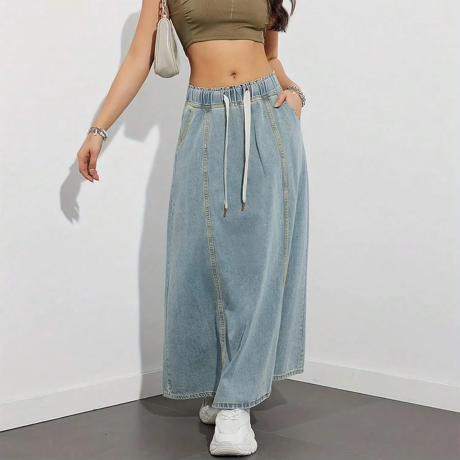 IMISSILLEB Women Plus Size Long Denim Skirts Drawstring Waist A-Line Maxi Jean Skirt with Pockets Streetwear
